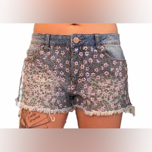 Embroidered Flower Jean Shorts - Picture 1 of 9